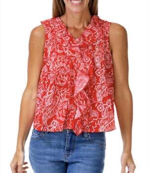 Kate Park Women's Ruffled Button Down Voile Top 100% Cotton Size Large Red Boho